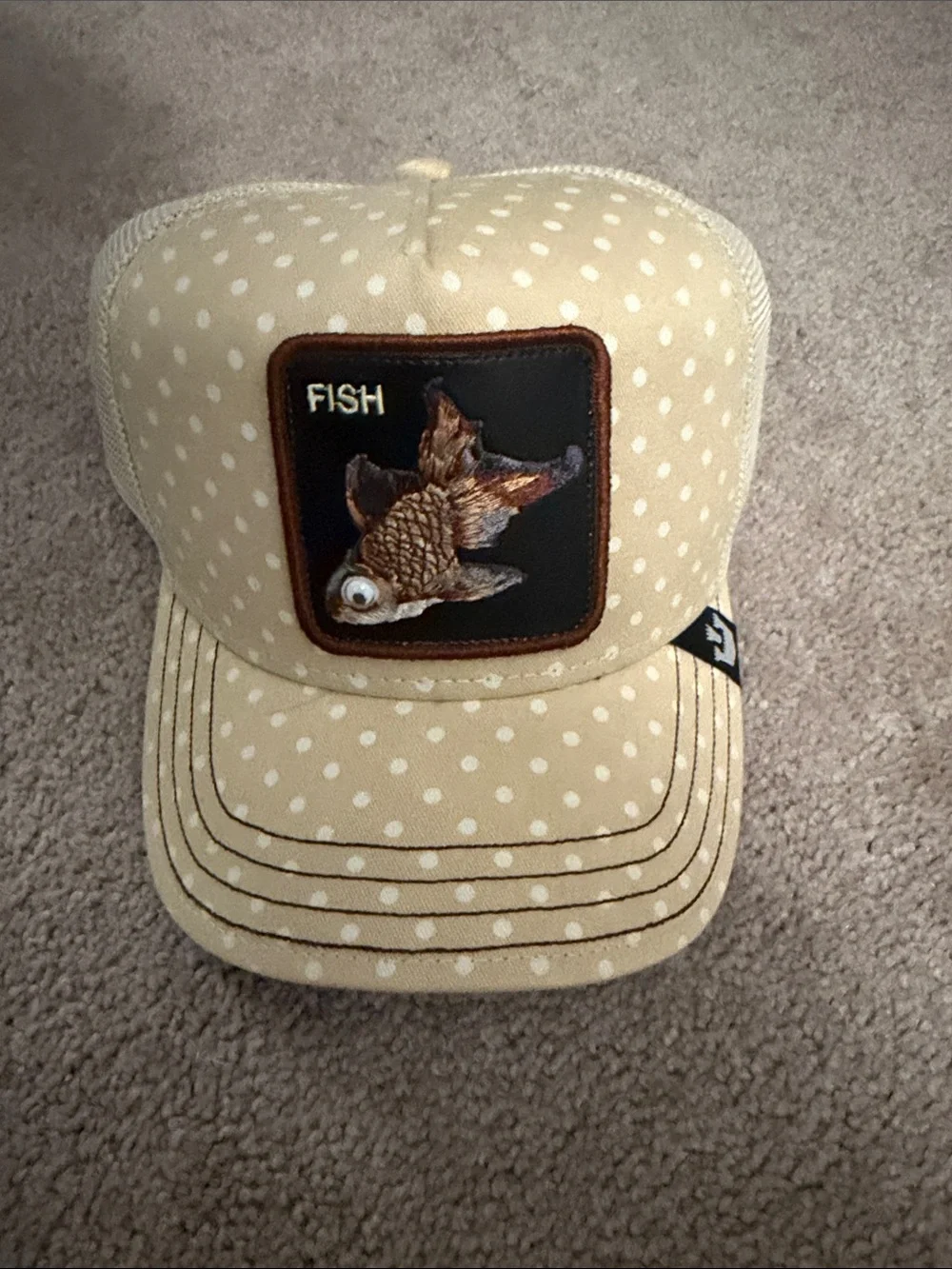 Fish Patch Trucker Hat in Cream Polka Dot - Unbranded